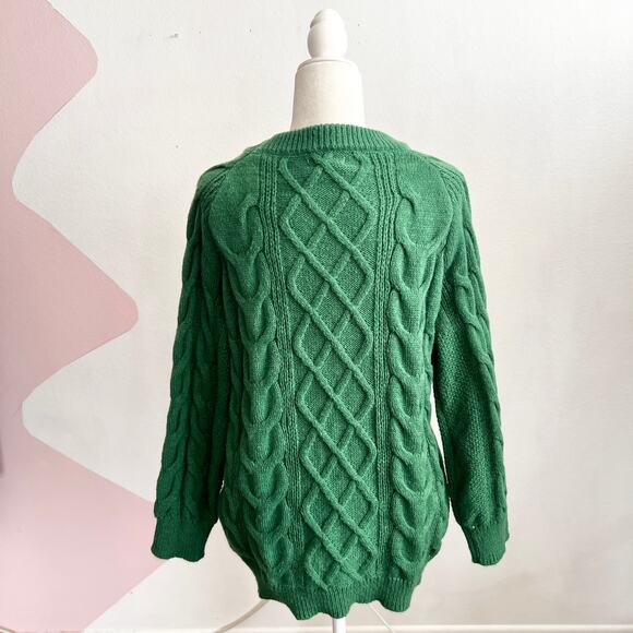 Green Cable Knit Sweater Chunky Cozy Preppy Vintage Academia Large - Picture 2 of 6